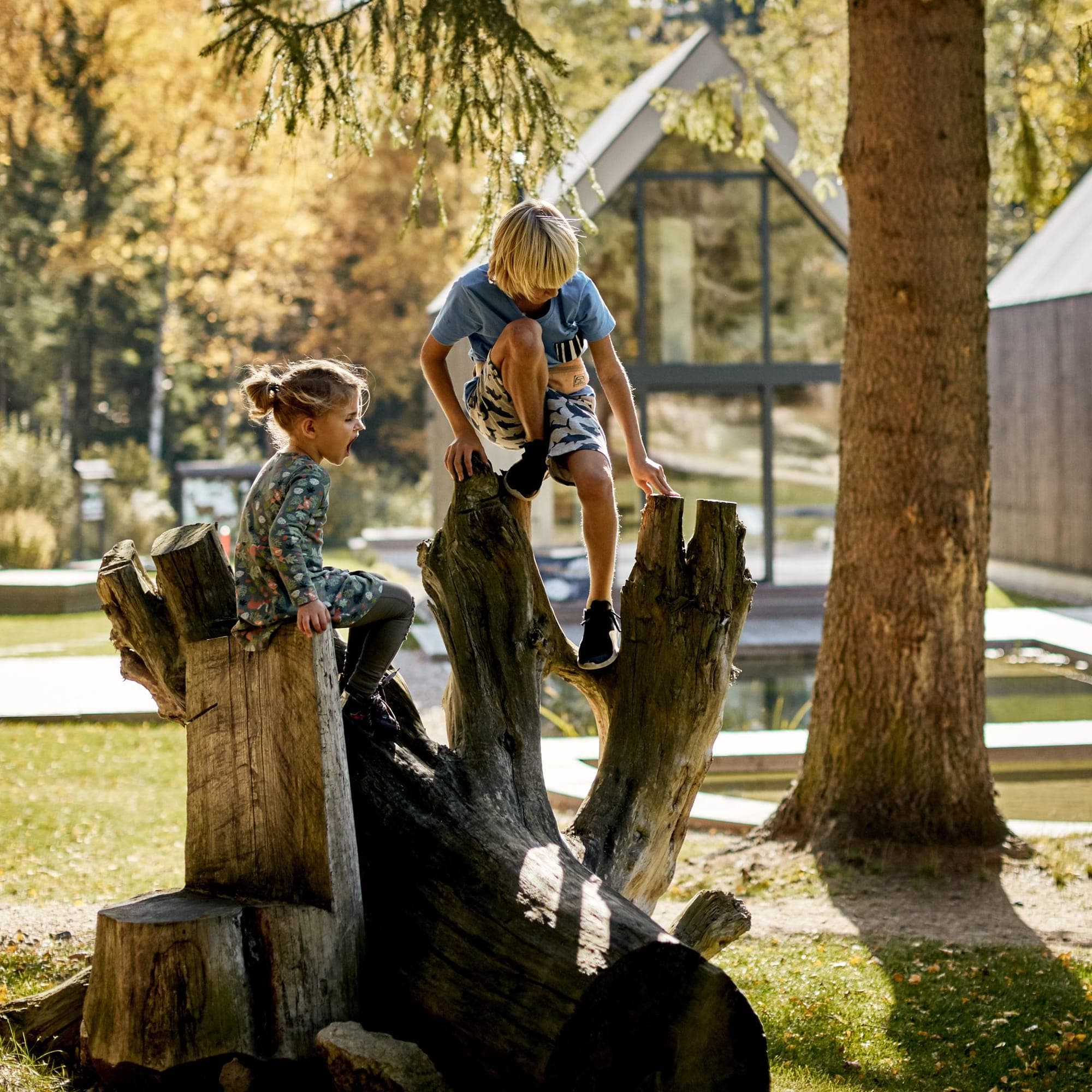 Dvě děti na pařezu před chatkou u jezírka